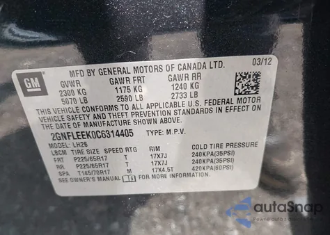 2012 Chevrolet Equinox 1Lt from USA, damaged, VIN 2GNFLEEK0C6314405